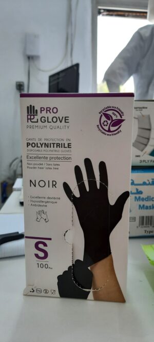 gants noirs polynitrile taille S  boite de 100 PRO GLOVE قفازات لون أسود